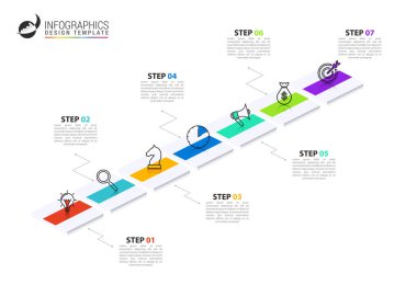 Infographic tasarım şablonu. 7 aşamalı yaratıcı bir kavram. İş akışı düzeni, diyagram, pankart, web tasarımı için kullanılabilir. Vektör illüstrasyonu
