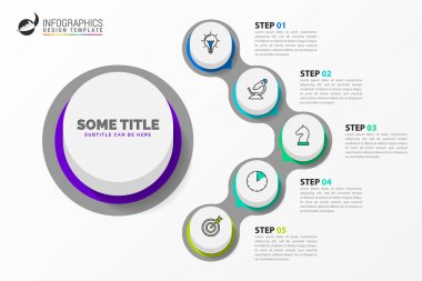 Infographic tasarım şablonu. 5 adımlı yaratıcı bir kavram. İş akışı düzeni, diyagram, pankart, web tasarımı için kullanılabilir. Vektör illüstrasyonu