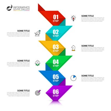 Infographic tasarım şablonu. 6 basamaklı yaratıcı bir kavram. İş akışı düzeni, diyagram, pankart, web tasarımı için kullanılabilir. Vektör illüstrasyonu