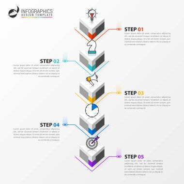 Infographic tasarım şablonu. 5 adımlı yaratıcı bir kavram. İş akışı düzeni, diyagram, pankart, web tasarımı için kullanılabilir. Vektör illüstrasyonu