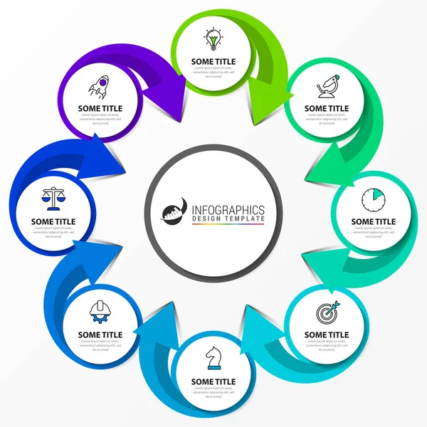 Infographic tasarım şablonu. 8 adımlı yaratıcı bir kavram. İş akışı düzeni, diyagram, pankart, web tasarımı için kullanılabilir. Vektör illüstrasyonu