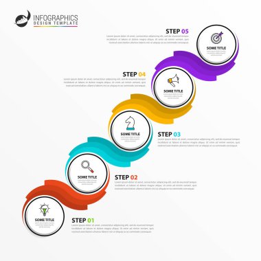 Infographic tasarım şablonu. 5 adımlı yaratıcı bir kavram. İş akışı düzeni, diyagram, pankart, web tasarımı için kullanılabilir. Vektör illüstrasyonu