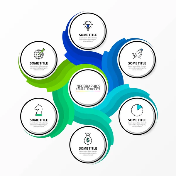 Infographic tasarım şablonu. 6 basamaklı yaratıcı bir kavram. İş akışı düzeni, diyagram, pankart, web tasarımı için kullanılabilir. Vektör illüstrasyonu
