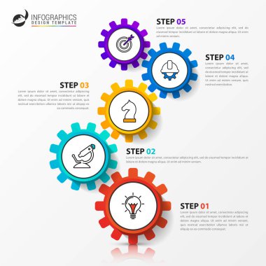 Infographic tasarım şablonu. 5 adımlı yaratıcı bir kavram. İş akışı düzeni, diyagram, pankart, web tasarımı için kullanılabilir. Vektör illüstrasyonu