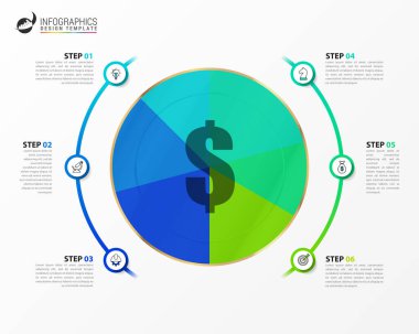 Infographic tasarım şablonu. 6 basamaklı yaratıcı bir kavram. İş akışı düzeni, diyagram, pankart, web tasarımı için kullanılabilir. Vektör illüstrasyonu