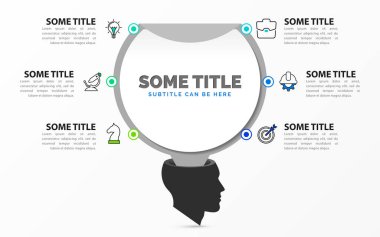 Infographic tasarım şablonu. 6 basamaklı yaratıcı bir kavram. İş akışı düzeni, diyagram, pankart, web tasarımı için kullanılabilir. Vektör illüstrasyonu