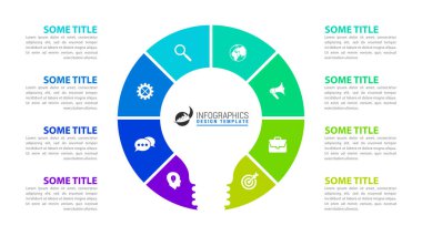 Infographic tasarım şablonu. 8 adımlı yaratıcı bir kavram. İş akışı düzeni, diyagram, pankart, web tasarımı için kullanılabilir. Vektör illüstrasyonu