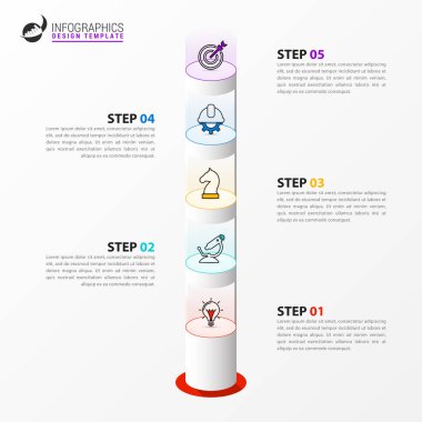 Infographic tasarım şablonu. 5 adımlı yaratıcı bir kavram. İş akışı düzeni, diyagram, pankart, web tasarımı için kullanılabilir. Vektör illüstrasyonu