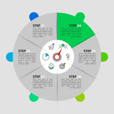 Infographic tasarım şablonu. 6 basamaklı yaratıcı bir kavram. İş akışı düzeni, diyagram, pankart, web tasarımı için kullanılabilir. Vektör illüstrasyonu