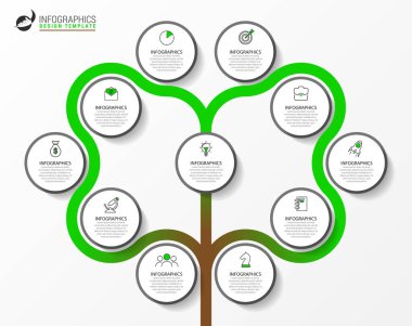 Infographic tasarım şablonu. 11 adımlı yaratıcı bir kavram. İş akışı düzeni, diyagram, pankart, web tasarımı için kullanılabilir. Vektör illüstrasyonu