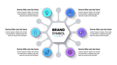 Simgeli ve 6 basamaklı bilgi şablonu. Altıgen. İş akışı düzeni, diyagram, pankart, web tasarımı için kullanılabilir. Vektör illüstrasyonu