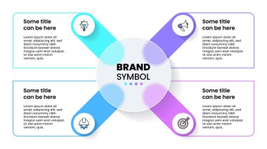 Simgeli bilgi şablonu ve 4 seçenek veya adım. Cam daire. İş akışı düzeni, diyagram, pankart, web tasarımı için kullanılabilir. Vektör illüstrasyonu