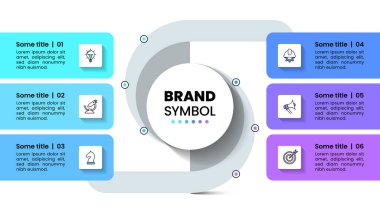 Simgeli ve 6 basamaklı bilgi şablonu. İş akışı düzeni, diyagram, pankart, web tasarımı için kullanılabilir. Vektör illüstrasyonu
