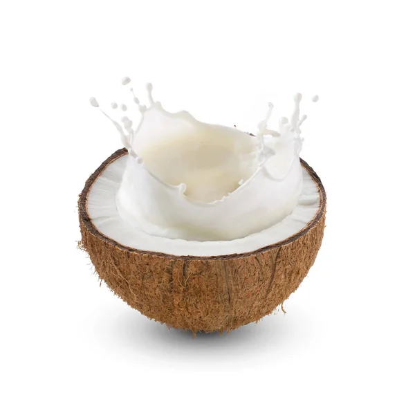 Gebarsten Helft Van Tropisch Fruit Kokosnoot Met Melk Splash Witte — Stockfoto
