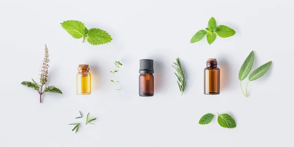 Bottle Essential Oil Fresh Herbal Sage Rosemary Oregano Thyme Lemon — Stock Photo, Image