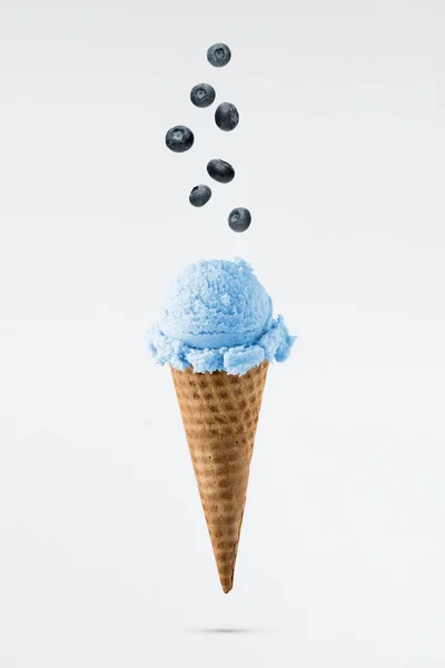 Blueberry Ice Cream Flavor Cones Fresh Blueberry Setup White Background — Stock Photo, Image