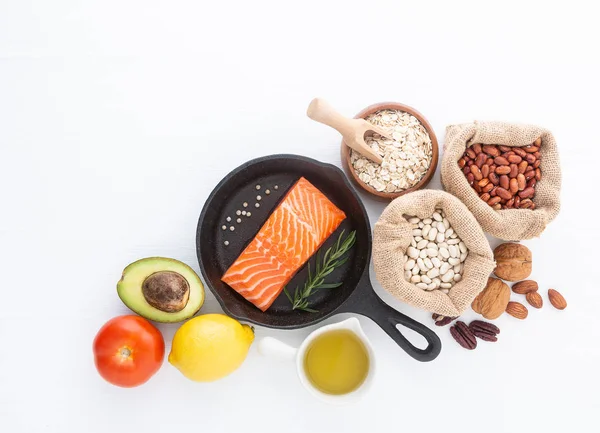 Selectie Van Gezonde Voeding Zalm Vissen Noten Peper Fruit Groenten Stockfoto