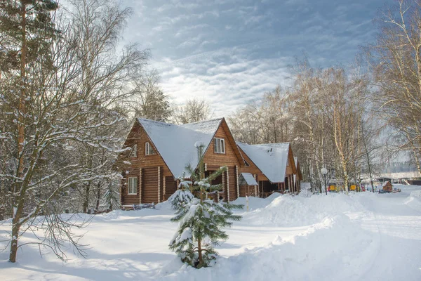 Snow Covered Landscape Trees Blue Sky Russian Winter Wooden House — Stock Photo, Image