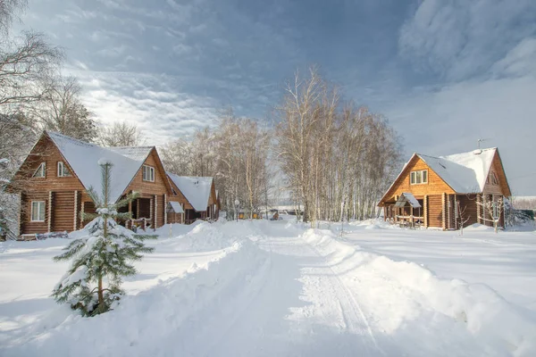 Snow Covered Landscape Trees Blue Sky Russian Winter Wooden House — Stock Photo, Image