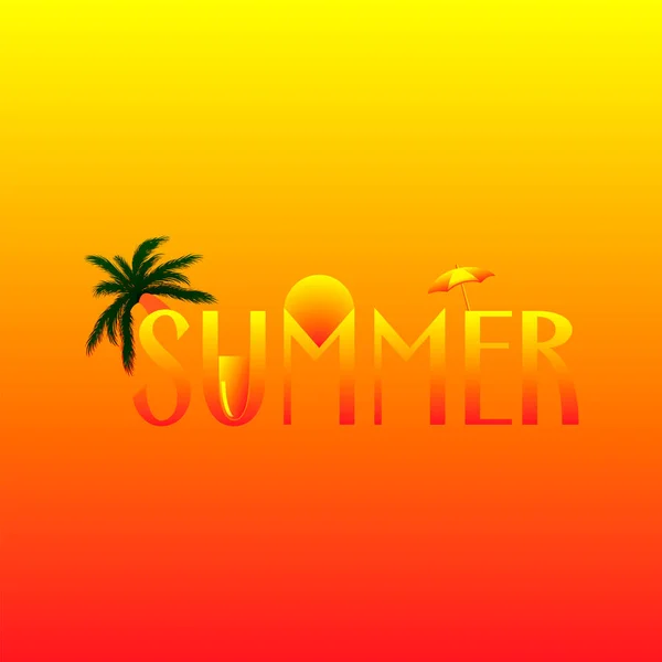 Creative summer text with design elements. Palm tree, sun and other beach attributes adorn the creative text of summer, on a gradient background. — Stock Vector