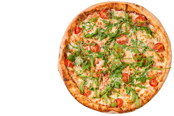 Beyaz arka planda izole edilmiş lezzetli İtalyan pizzası. Düz Yatay.