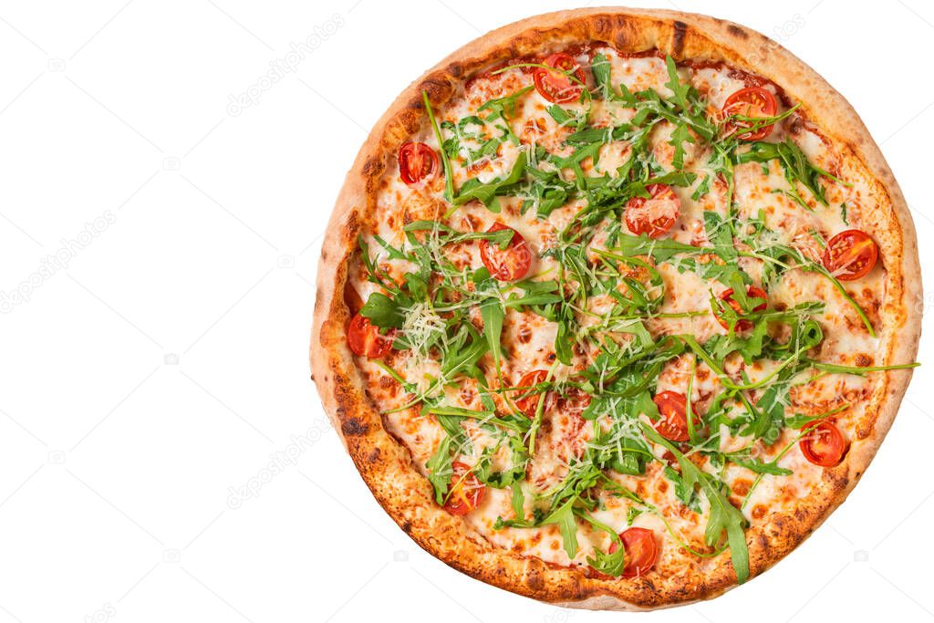Tasty italian pizza isolated on white background. Flatlay.