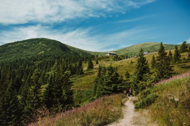 Dağ yolunda yürüyen sırt çantalı bir grup insanın siluetleri. Ufukta dağlar var. Gökyüzü mavi ve bulutlu.