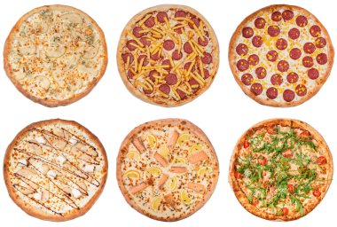 Beyaz arka planda izole edilmiş pizzalar. Üst görünüm