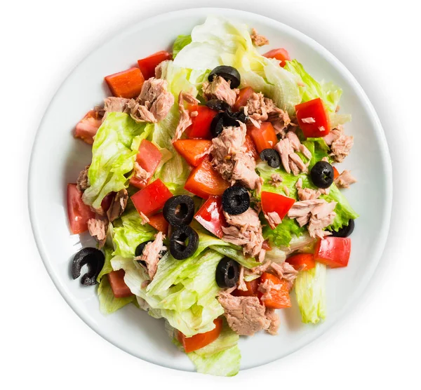 Tuna Salad Tomatoes Black Olives Greens Isolated White Background Top Stock Photo