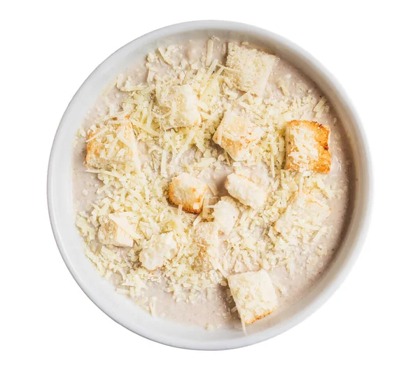 Mushroom soup puree with croutons and cheese isolated on white background — Stock Image Mushroom Soup Puree Croutons Cheese Isolated White Background Royalty Free Stock Photos
