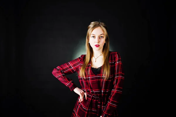 Young Blonde Girl Checkered Dress Black Background — Stock Photo, Image