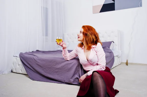 Gorgeous Red Haired Girl Pink Blouse Red Skirt Glass Wine — Stock Photo, Image