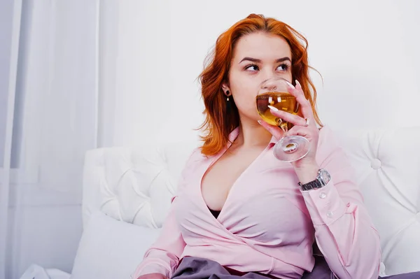 Gorgeous Red Haired Girl Pink Blouse Red Skirt Glass Wine — Stock Photo, Image