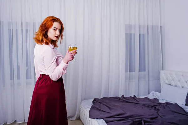 Gorgeous Red Haired Girl Pink Blouse Red Skirt Glass Wine — Stock Photo, Image