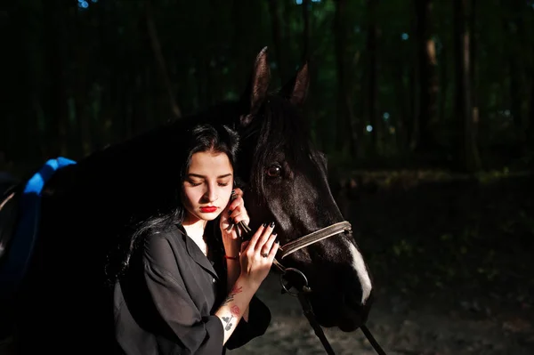 Mystical Girl Wear Black Horse Wood — Stock Photo, Image