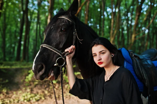 Mystical Girl Wear Black Horse Wood — Stock Photo, Image