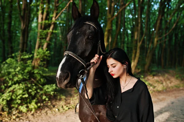 Mystical Girl Wear Black Horse Wood — Stock Photo, Image