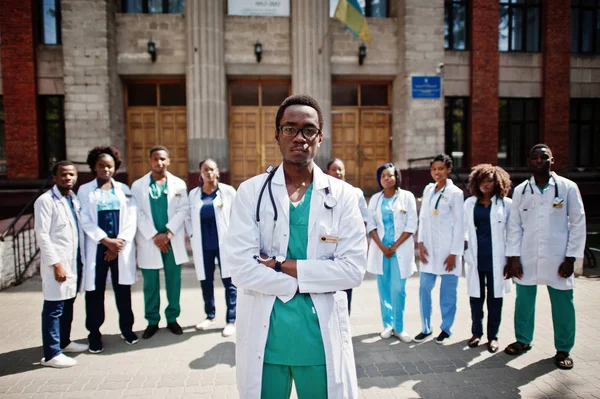 Group of african doctors students near medical university outdoor.