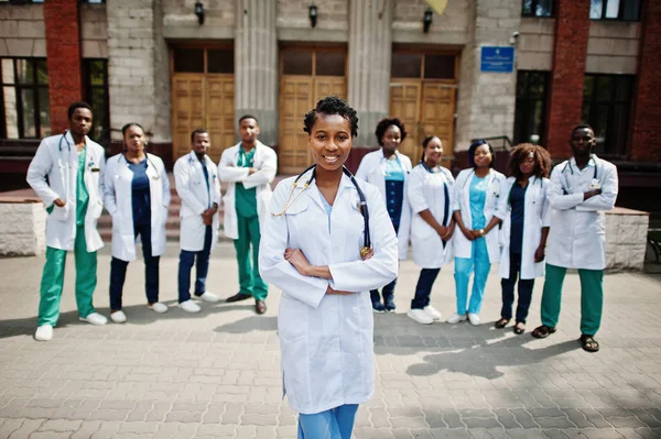 Group of african doctors students near medical university outdoor.