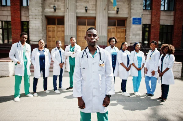 Group of african doctors students near medical university outdoor.