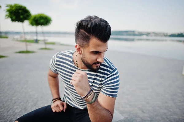 Handsome Tall Arabian Beard Man Model Stripped Shirt Posed Outdoor — Stock Photo, Image