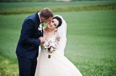 Beuatiful romantik düğün çifti alanında özel günlerinde yürüyüş.