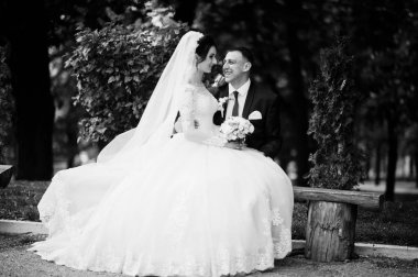 Yeni evli çift parkta oturan güneşli yaz düğün gününde. Siyah ve beyaz fotoğraf.