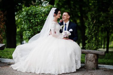 Yeni evli çift güneşli yaz düğün gününde parkta oturan.
