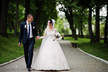 Düğün iki yürüyor ve kendilerini zevk parkta güzel bir günde.