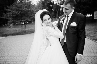 Güzel ve mutlu yeni evli çift ayakta yeşil park onların düğün günü. Siyah ve beyaz fotoğraf.