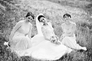 Oturma ve sahada nedime ile poz güzel gelin düğün gününde çiçek dolu. Siyah ve beyaz fotoğraf.