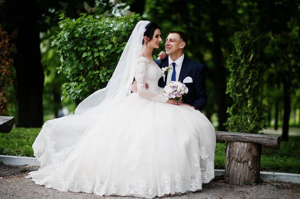Yeni evli çift güneşli yaz düğün gününde parkta oturan.