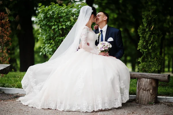 Yeni Evli Çift Güneşli Yaz Düğün Gününde Parkta Oturan — Stok fotoğraf