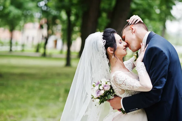 Fantástico Jovem Casal Casamento Beijando Abraçando Parque — Fotografia de Stock